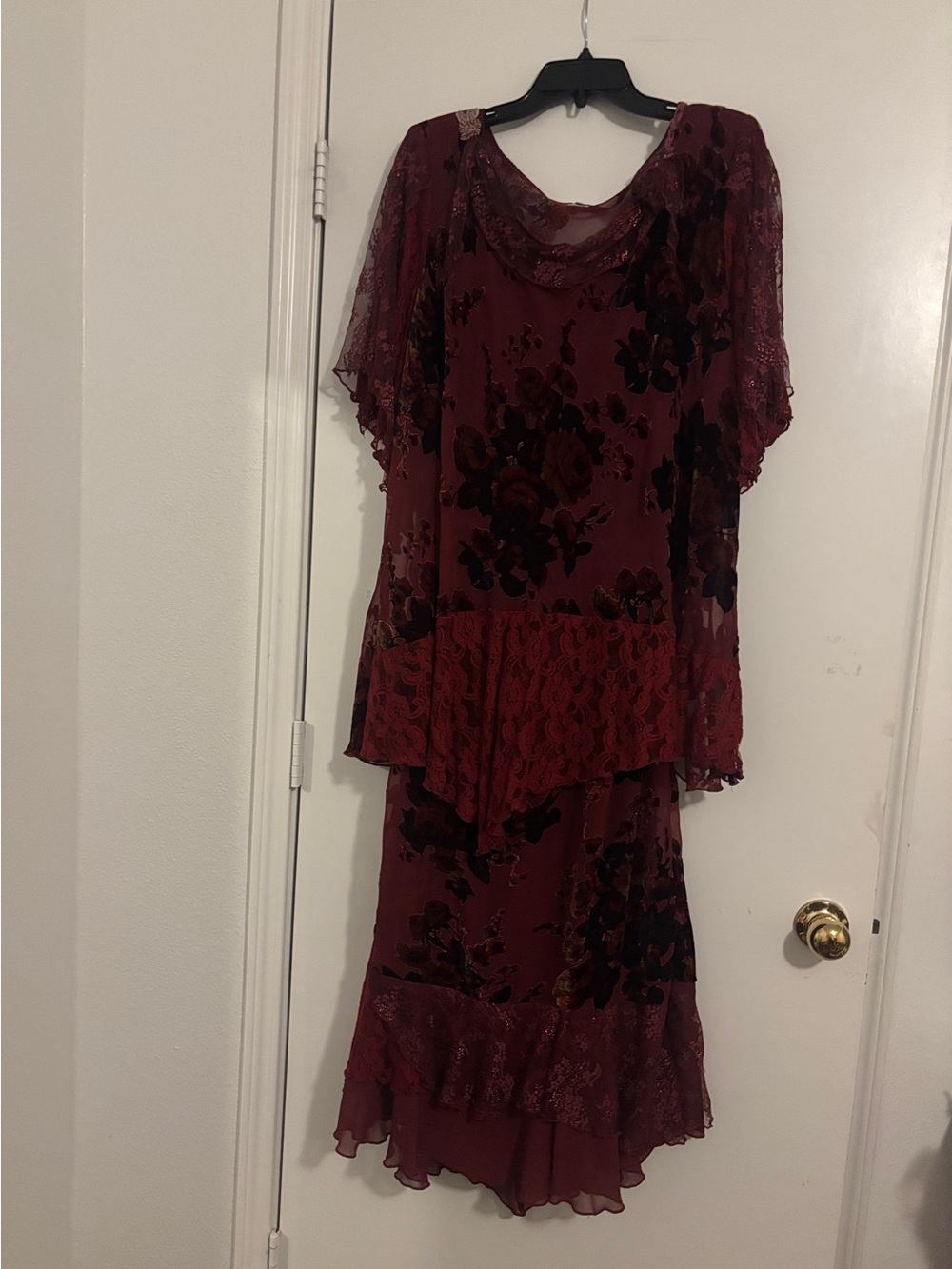 Burgundy Floral Lace Tunic Top and Skirt